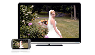 image of a bride in a garden on the camera's LCD and an HDTV