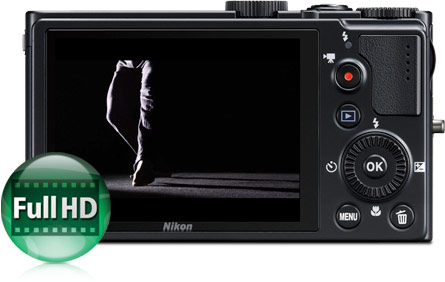 Full HD (1080p) movies with full stereo sound Back of the COOLPIX P300 showing its One-Touch HD (1080p) Movie recording button