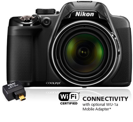COOLPIX P530 camera with the WU-1a wireless mobile adapter and Wi-Fi connectivity logo