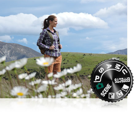 Photo of a woman in a valley of flowers, inset with the camera's mode dial