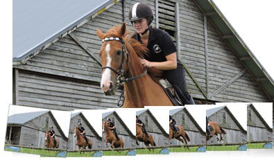 Photo of a horse and rider inset with multiple shots showing continuous shooting