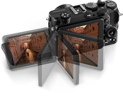 The COOLPIX P7700's Vari-angle display photo illustration of the COOLPIX P7700 and its vari-angle LCD with a photo of a venice canal on the LCD