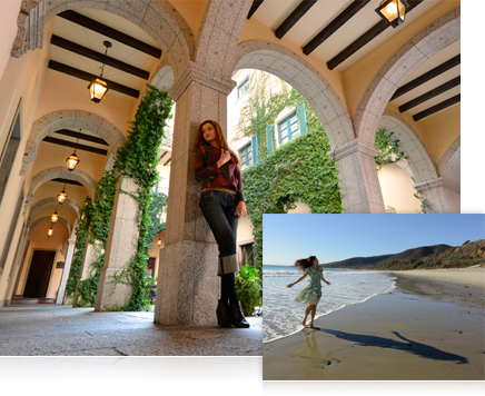 1 NIKKOR 6.7-13mm lens is versatile in reach photo of a woman leaning against a pillar of a building and photo of a woman in the surf at the beach wearing a dress