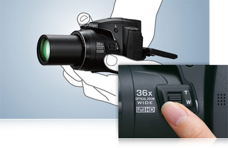 Powerful 36x wide-angle optical Zoom-NIKKOR ED glass lens Line drawing demonstrating the COOLPIX P500's small size and 36x wide-angle optical zoom lens