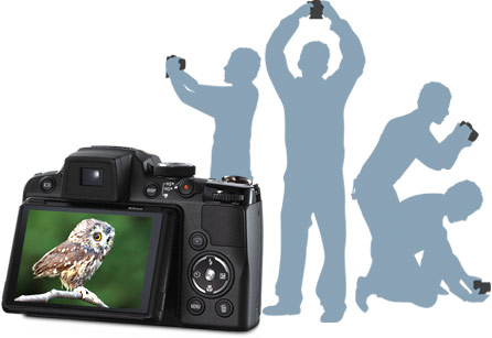 3-inch, high-resolution (921,000-dot) vari-angle tilting display Demonstration of the many angles the COOLPIX P500's tilting, vari-angle monitor can achieve
