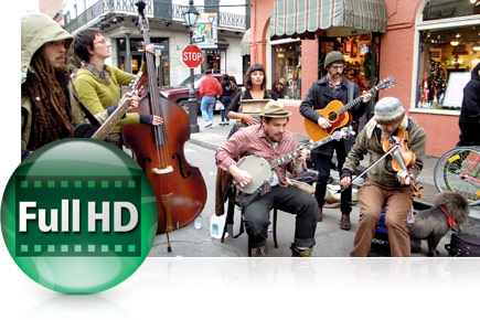 Wide-angle photo of a band of street musicians in New Orleans, Louisiana