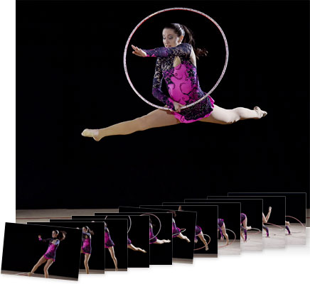 Nikon D4S photos of a gymnast in air with a hoop and multiple consecutive shots showing continuous shooting speed