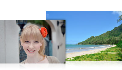 Photo of a island's beach landscape inset with a photo of a woman with a red flower in her hair
