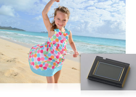 Photo of a girl in a polka dot sundress on the beach with an inset image of the D3100 CMOS image sensor