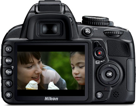 Photo of the rear of the D3100 camera with a shot of a little girl and her mom with ice cream cones on the LCD