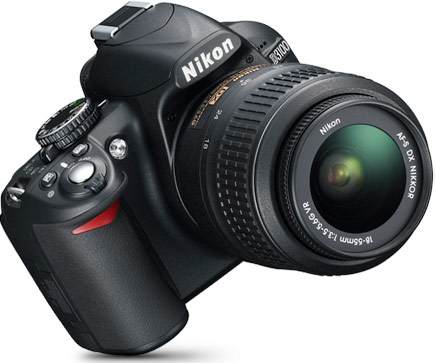 Product photo of the front of the Nikon D3100 D-SLR