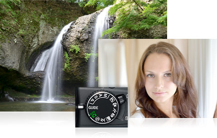 Photo of a forest waterfall, inset with a headshot photo of a woman and the Mode Dial