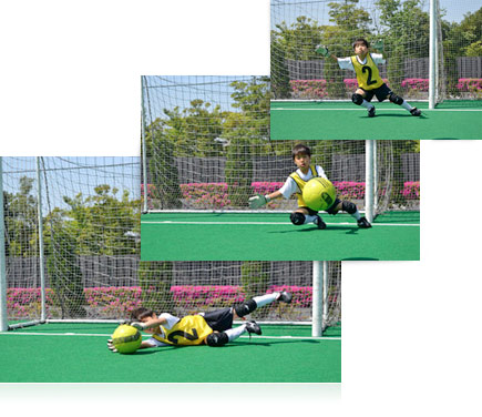 Three action photos of a boy playing goalie in a soccer net catching the ball
