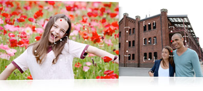 Photo of a young girl in a field of red and pink flowers with the AF points overlay on the image as illustration, and a photo of a couple with the AF points overlay on the photo as illustration