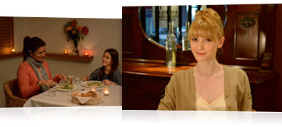 Photo of a mom and daughter eating dinner in low light and a photo of a woman in a restaurant, cropped head and shoulders in low light