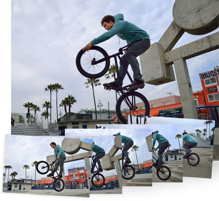 Photo of a guy on a bicycle, on one wheel with smaller shots showing continuous shooting