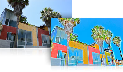 Two D5300 photos, one of a colorful building and palm trees and the other image of the same subject with a special effect filter applied