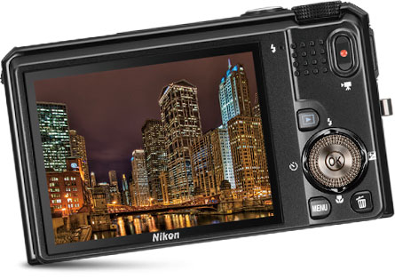 Back view of the COOLPIX S9100 showcasing its ultra-high resolution LCD display