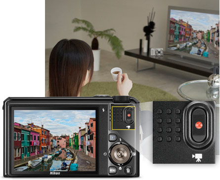 One-Touch Full HD (1080p) Movie recording Back view of the COOLPIX S9100 highlighting its One-Touch Full HD (1080p) Movie recording button