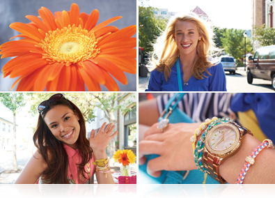 Let the S01 do the thinking for you with its scene modes four photos include an orange flower, two portraits and a close up a a woman's hand with watch and bracelets