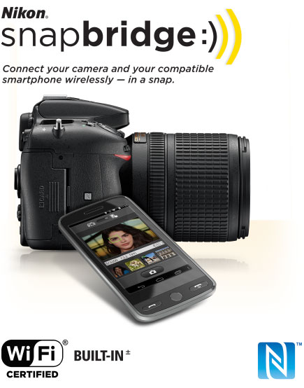 Product photo of the Nikon D7200 with a lens attached, a smartphone and the snapbridge logo