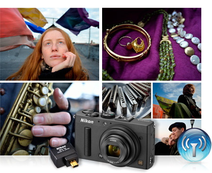 Share images wirelessly with the Nikon COOLPIX A and WU-1a photos of a redheaded woman, closeup of jewelry, musician's hands on a sax, harmonicas and candid portraits with the COOLPIX A, WU-1a and Wi-Fi graphic