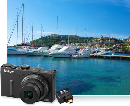 Anytime sharing with the Nikon COOLPIX P330 and WU-1a Photo of boats in a marina and product photos of the Nikon COOLPIX P330 and WU-1a inset