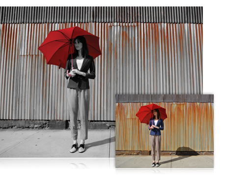 Two photos, on the left is a shot of red shoes on the beach and on the right is a BW shot with the shoes in red, showing selective color