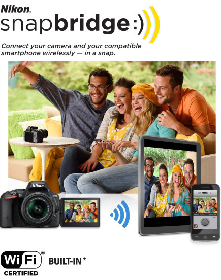 Share your shots instantly with the D5500 D5500 photo of four people taking a selfie with remote shooting, and the photo is on the camera's LCD, tablet and smartphone