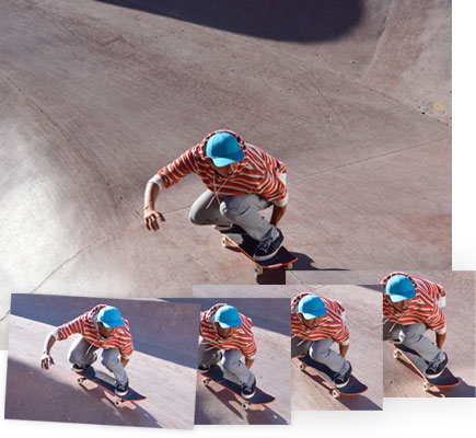 D5500 continuous shooting captures your subjects D5500 photos of a skateboarder in a pool and four consecutive frames showing speed in shooting