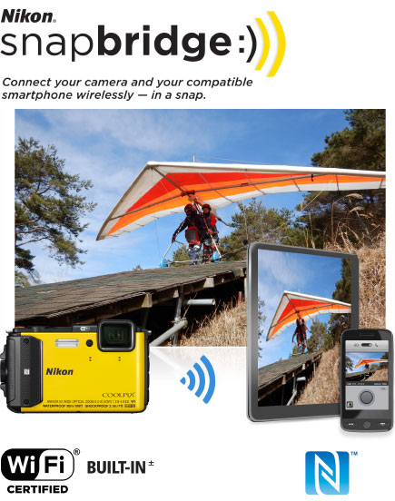 COOLPIX AW130 photo of tandem hang gliders with the image inset on a tablet and phone and the camera, and Nikon snapbridge logo