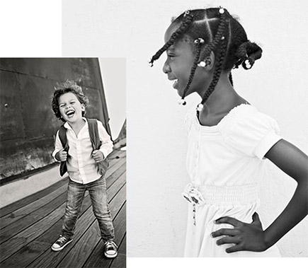 Class designed for busy moms Tamara Lackey photos of a young boy laughing at the camera, full length inset on a photo of a girl looking off to the side, both in black and white