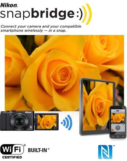 COOLPIX S9900 photo of yellow roses inset with the image on a tablet, phone and LCD of the camera; and the Nikon snapbridge logo