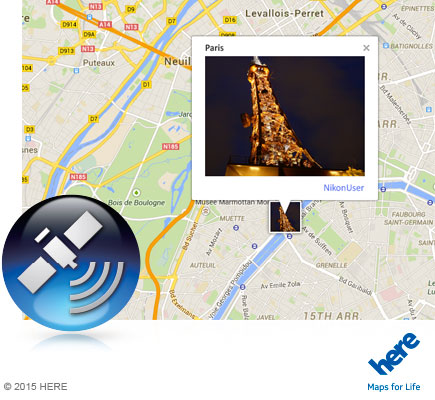Photo of the Eiffel Tower at night inset on a map of Paris, with the icon for GPS