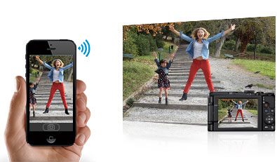 Photo of a mom and child jumping in air, and that image on a tablet and phone, inset with the camera itself