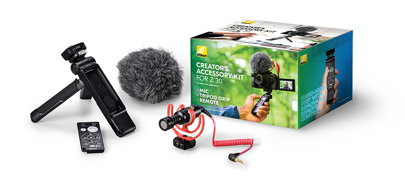 Product shot of the Creator's Accessory kit box and individual items: tripod grip, remote control, microphone and wind muff for the mic