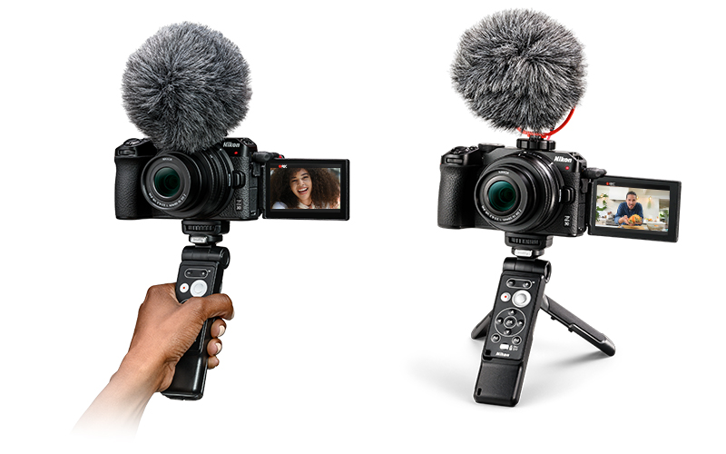 Photo of a Z 30 mirrorless camera on the tripod grip side by side showing the grip in a person's hand and used as a tripod