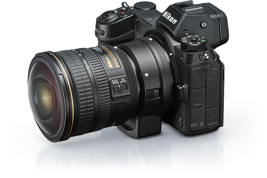 product photo of the Z 7, Mount Adapter FTZ and the F-mount NIKKOR 8-15mm fisheye zoom lens