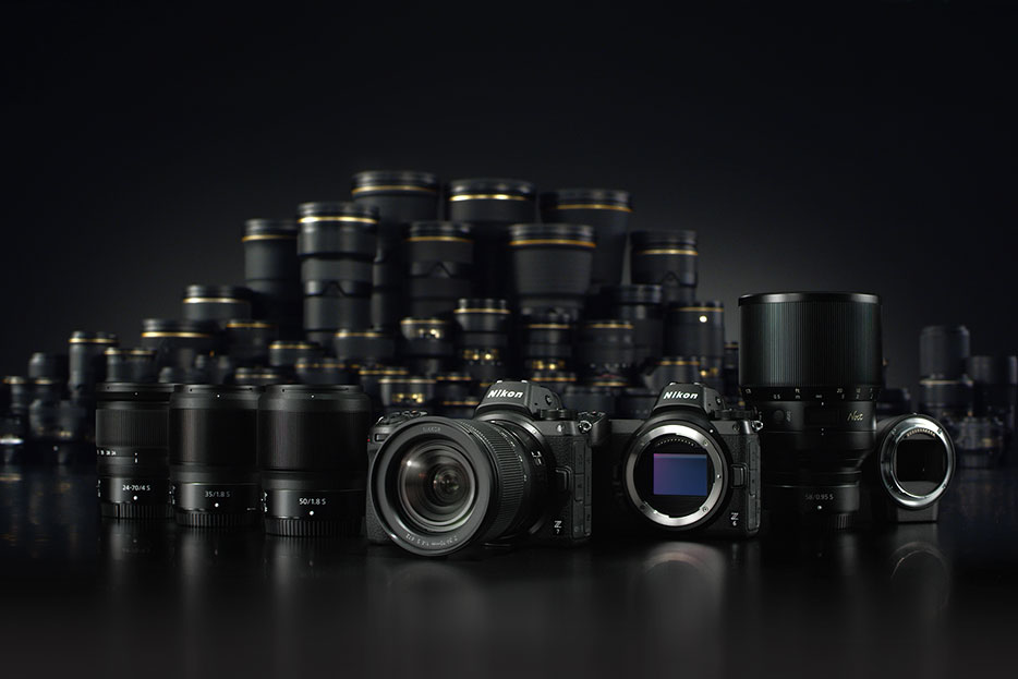 Family shot of the Z 7 and Z 6, Mount Adapter FTZ, NIKKOR Z lenses and F-mount NIKKOR lenses