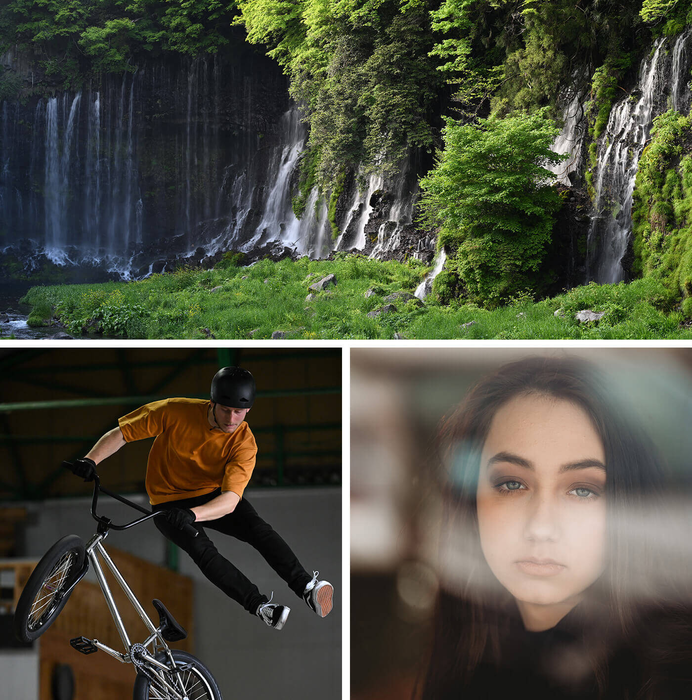 3 up photo collage taken with the NIKKOR Z 70-180mm f/2.8 lens: a landscape, bicyclist in air and portrait of a girl through a window