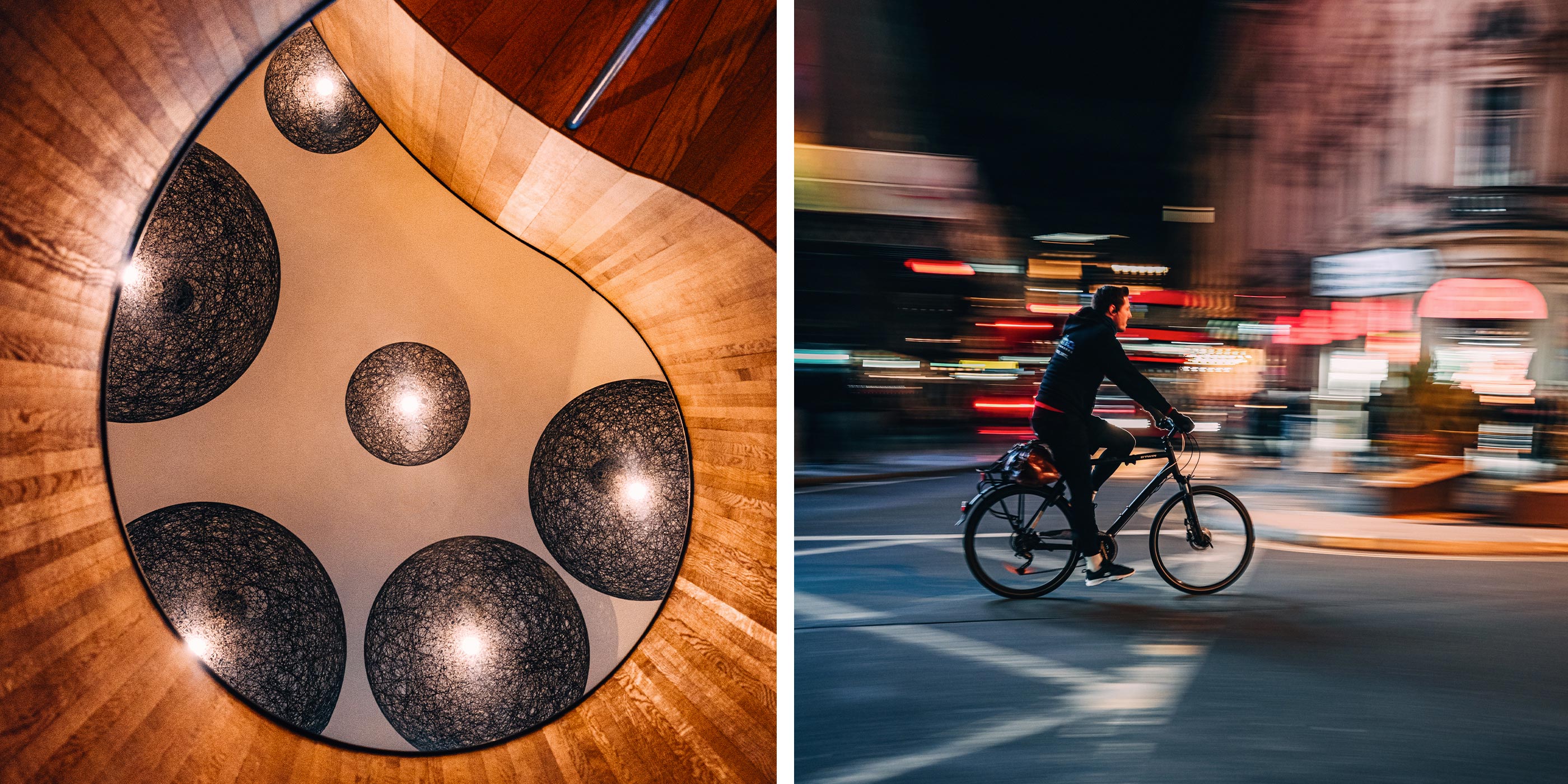 photo of a ceiling looking up from the ground and photo of a person on a bike at night, taken using the NIKKOR Z 26mm f/2.8