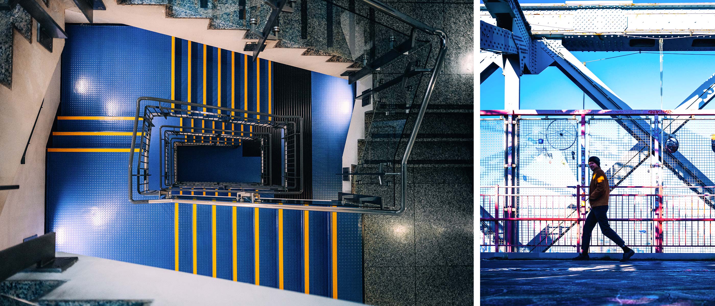 photo of a stairwell taken from above and photo of a person walking, taken with the NIKKOR Z 26mm f/2.8