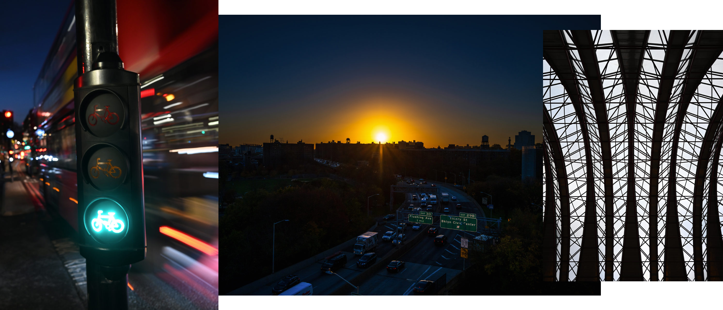 composite photo of a traffic light at night, sunset at night and black and white architecture, taken with the NIKKOR Z 26mm f/2.8