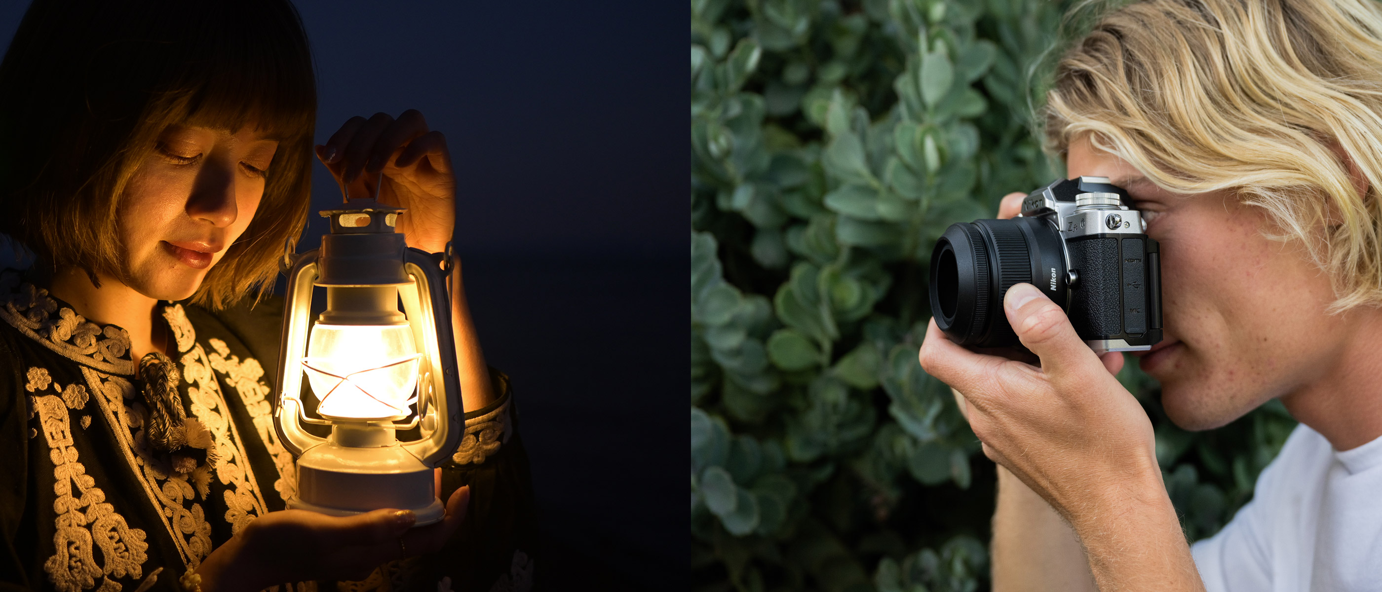 Photo of a woman at night with a lantern taken with the NIKKOR Z DX 24mm f/1.7 lens next to a photo of a blonde person holding a camera and lens up to their face