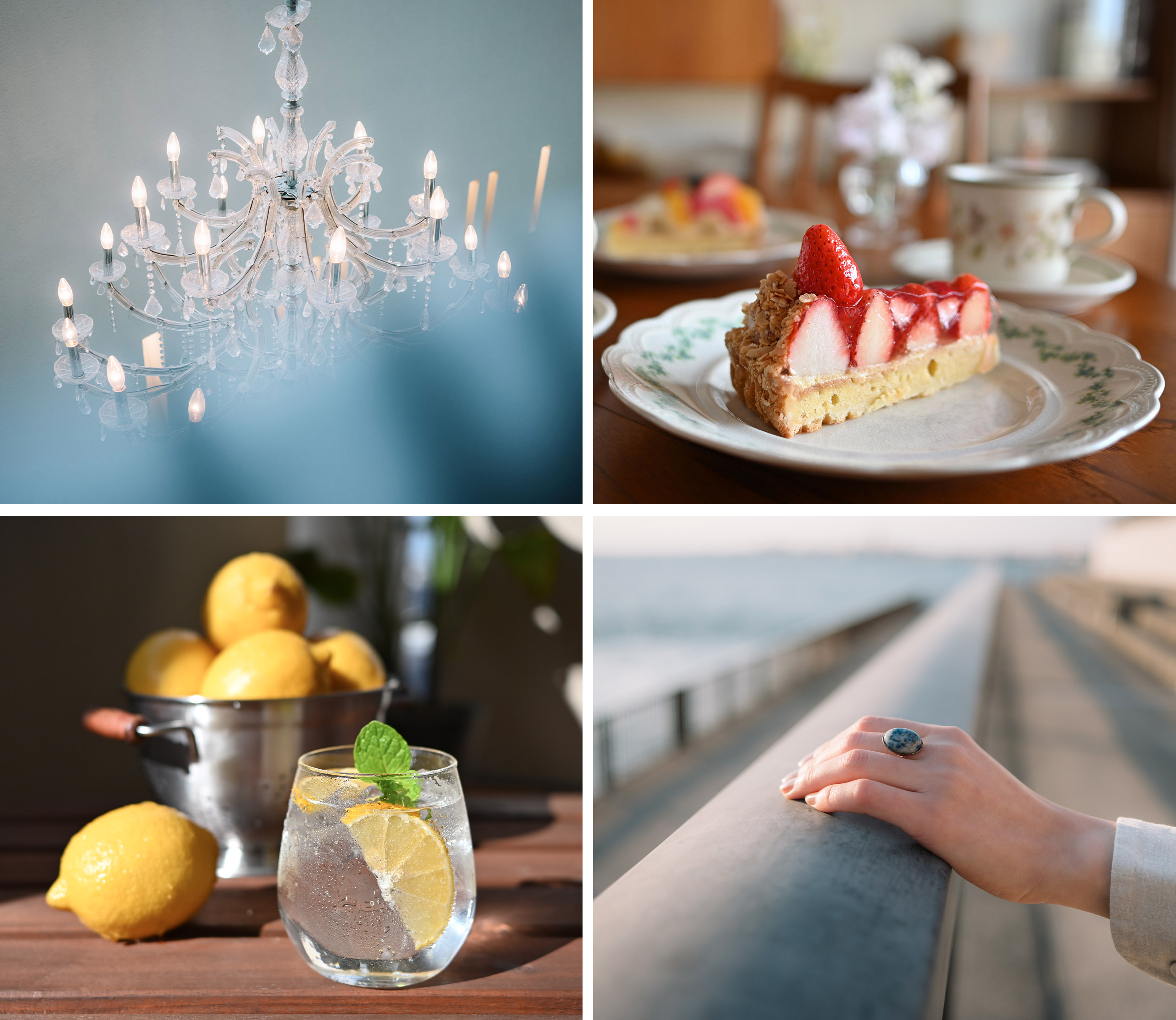 four up collage of photos taken with the NIKKOR Z DX 24mm f/1.7 including a photo of a light fixture, piece of strawberry pie, glass of lemonade and hand on a boardwalk railing