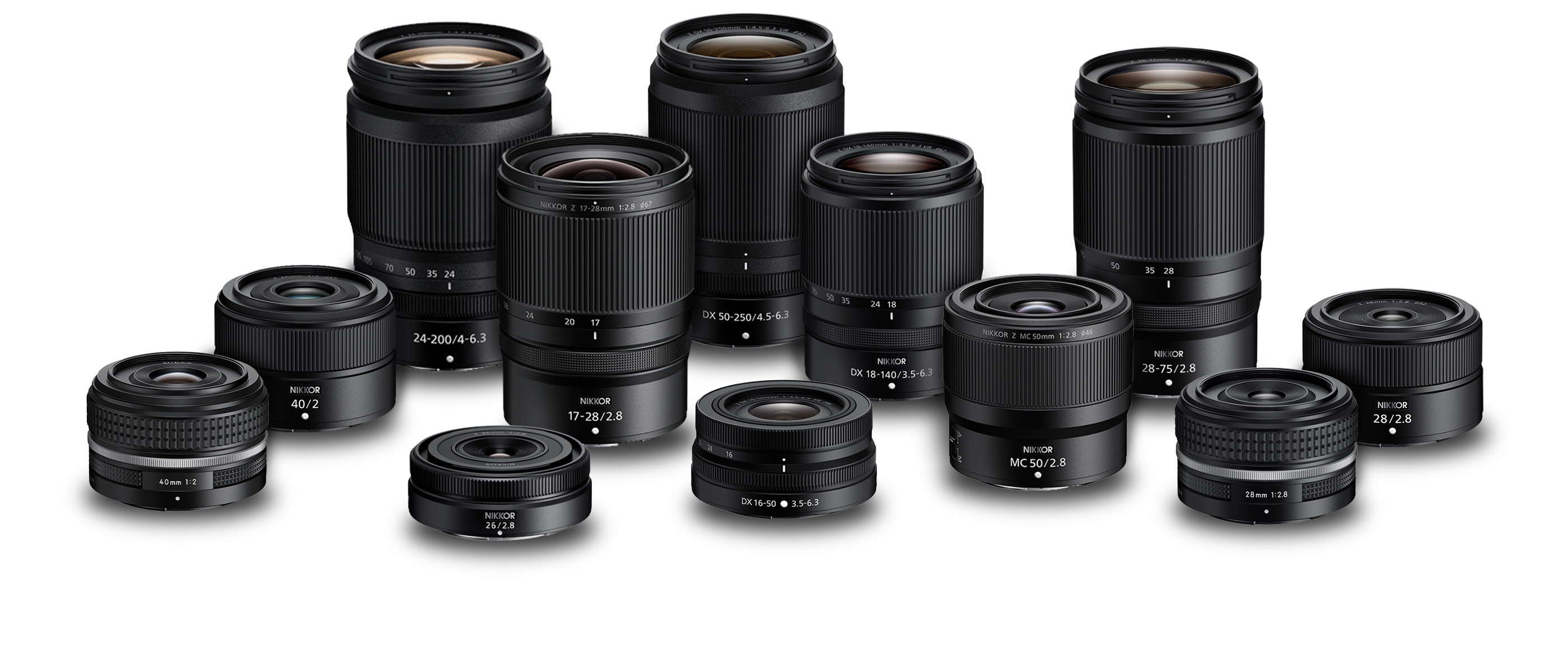 photo of a group of Nikon mirrorless lenses ideal for use by creators and vloggers