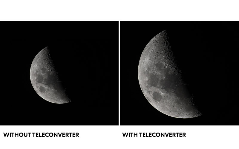 Photo of the moon with and without a teleconverter on the NIKKOR Z 800mm f/6.3 VR S lens 