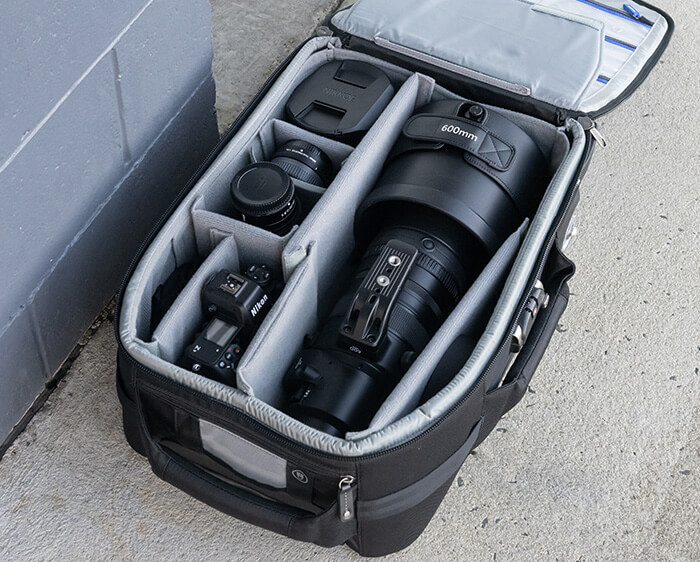 photo of the NIKKOR Z 600mm f/4 TC VR S lens in a carry on camera bag