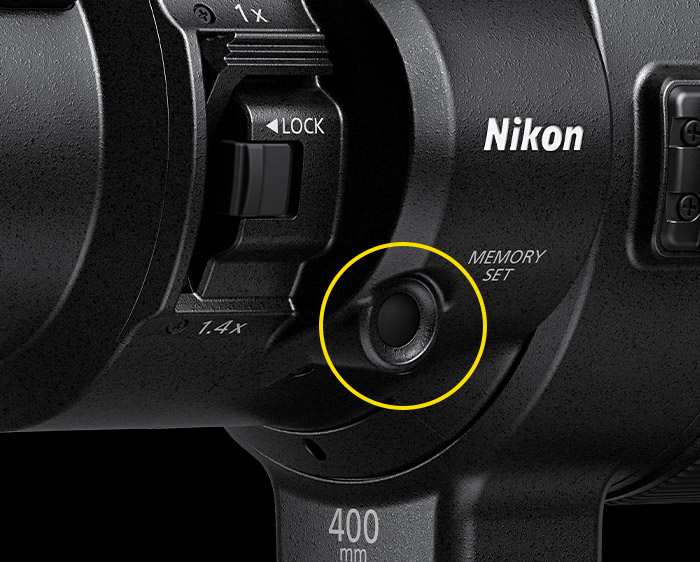 photo of the NIKKOR Z 400mm f/2.8 TC VR S lens showing the recall stored focus button