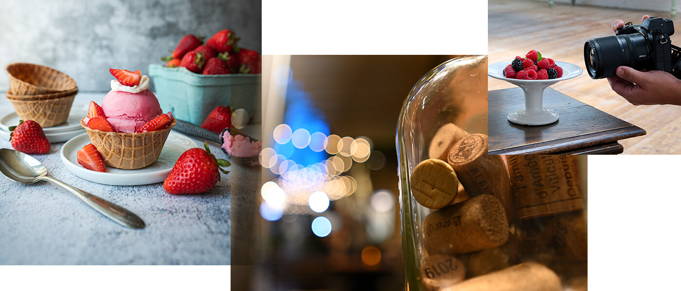 collage of photos of ice cream and strawberries, corks in a glass jar and a photographer's hands shooting a plate of fruit, taken with the NIKKOR Z 17-28mm f/2.8 lens